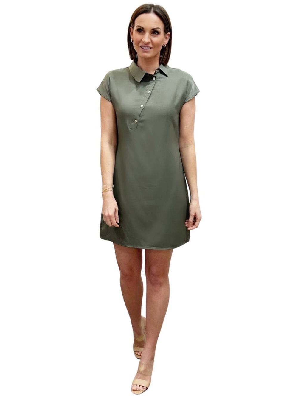 Joflower Shirt Dress Sz XS Renee Olive Green Mini Cap Sleeves Button Up Detail